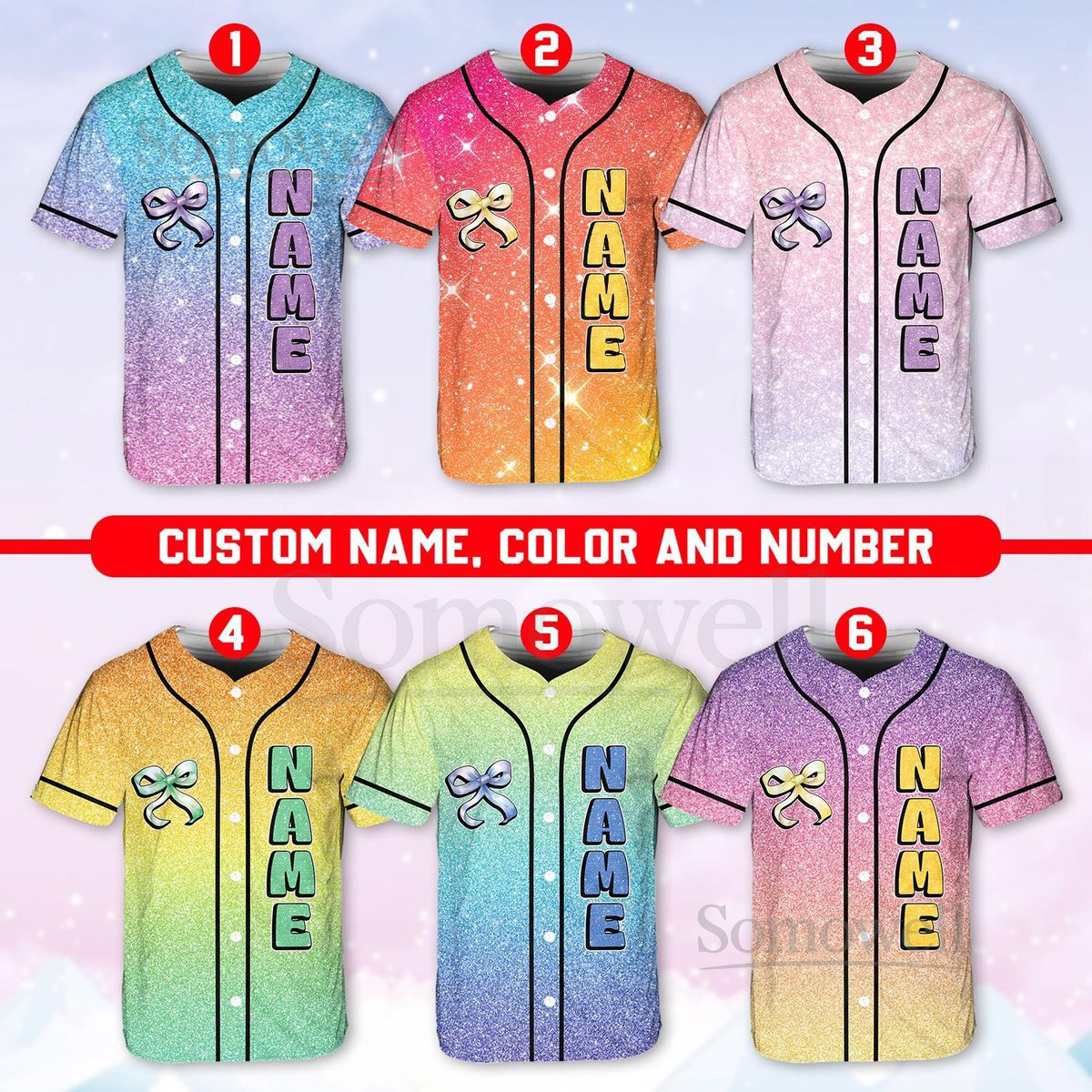 Personalized Team Name Number Bow Ribbon Baseball Jersey Custom Cheer Baseball Jersey Glitter Jersey Printed Glitter Not Glitter Fabric_741