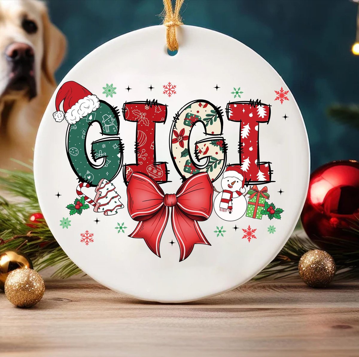 Coquette Bow Gigi Christmas OrnamentCustom Name Ornament Christmas Lights Ornament Coquette Bow Ornament Christmas Keepsake Gift for Her