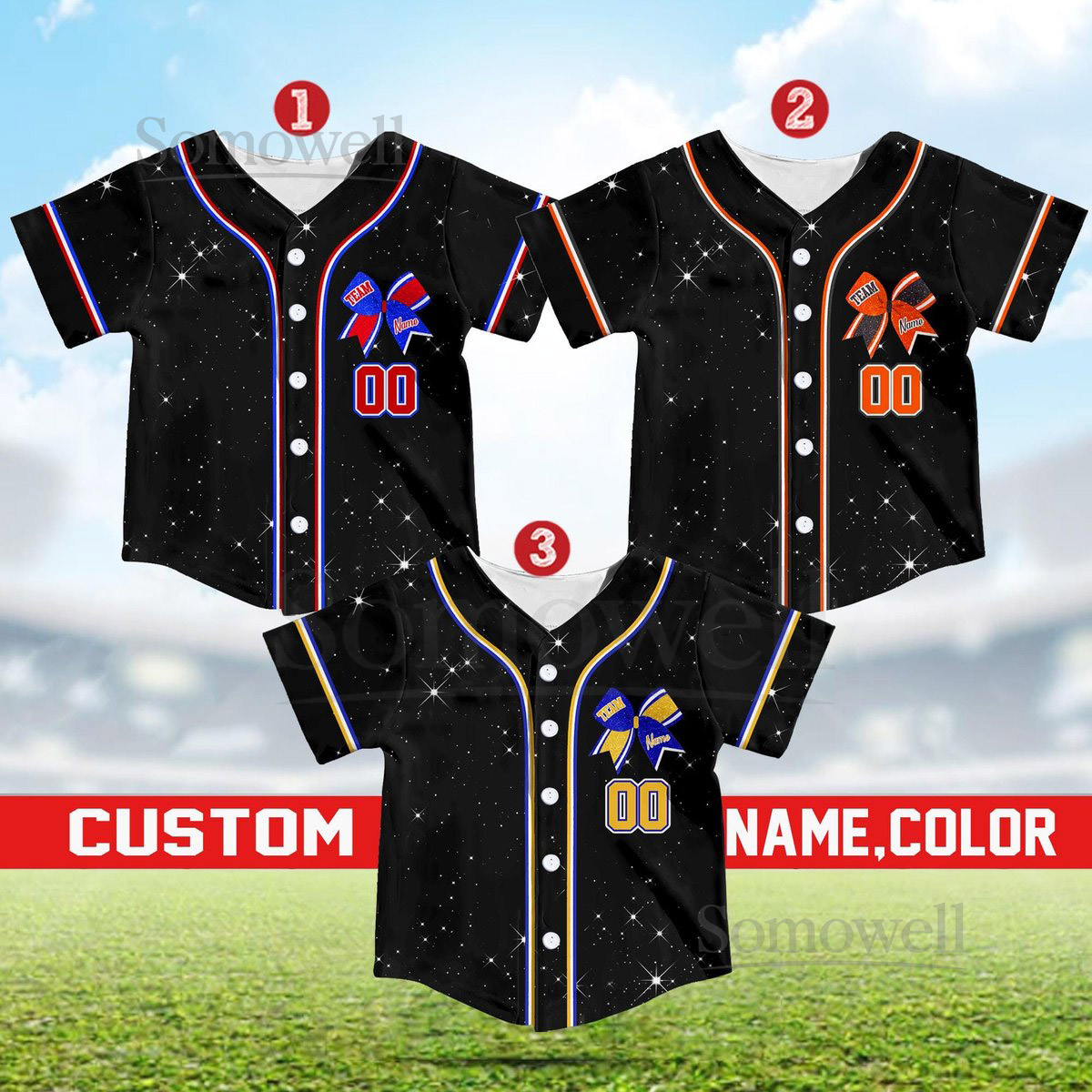 Personalized Team Name Number Bow Ribbon Baseball Jersey Custom Cheer Baseball Jersey Glitter Jersey Printed Glitter Not Glitter Fabric_744