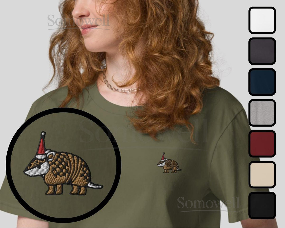 Embroidered Armadillo Organic Embroidered Unisex T-Shirt Minimal Christmas Design_46