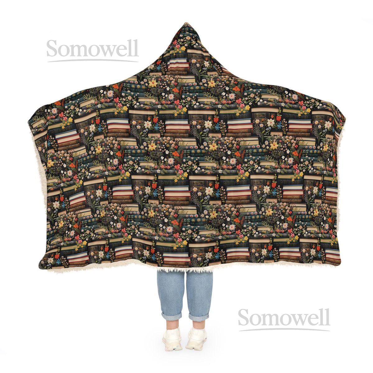 Books and Flowers Hooded Blanket Reading Blanket Floral Blanket Wearable Blanket Hoodie Blanket Snuggle Blanket Sherpa Blanket_11
