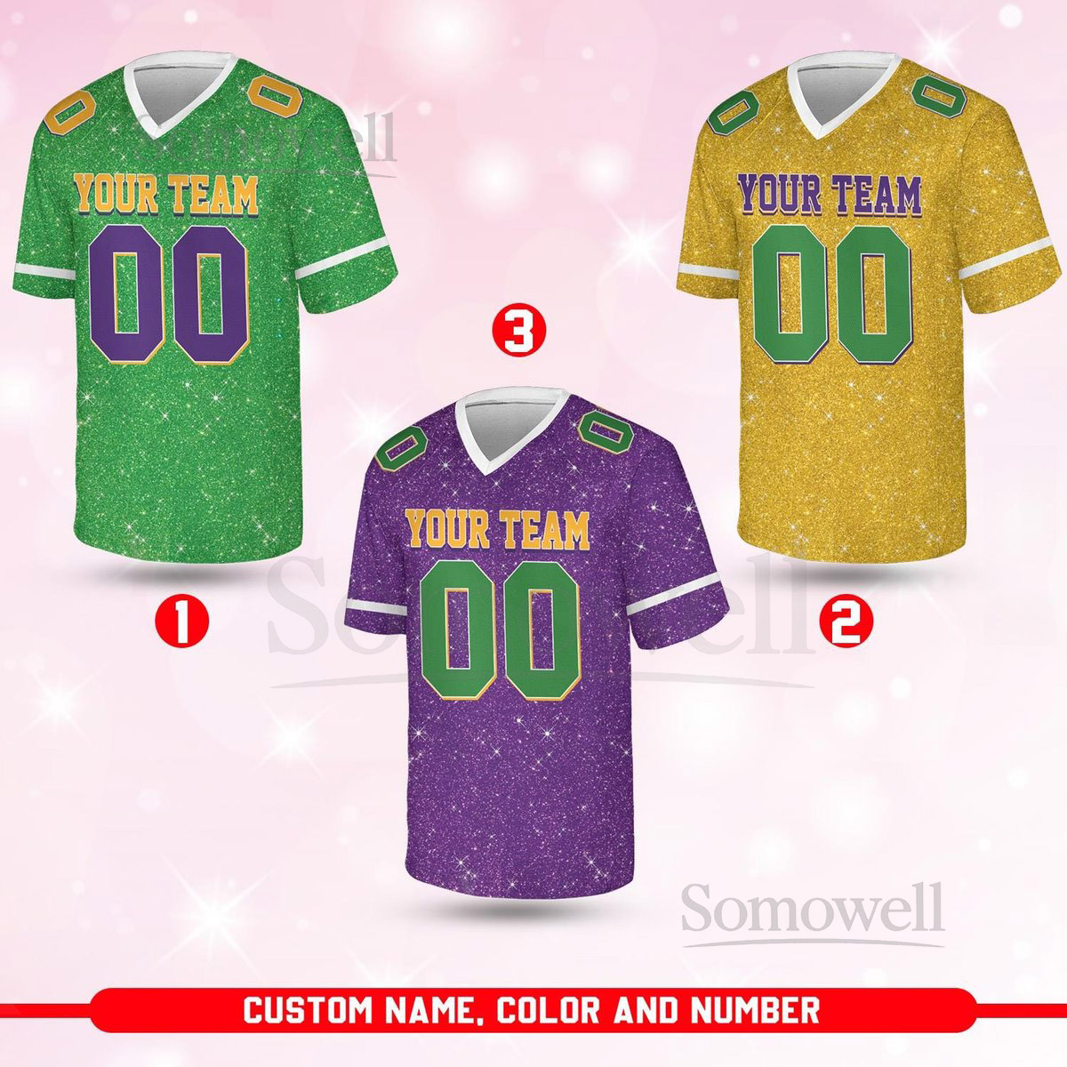 Personalized Glitter Mardi Gras Football Jersey Custom Name And Number Short Sleeve Jersey Mardi Gras Carnival Jersey Printed Glitter_129