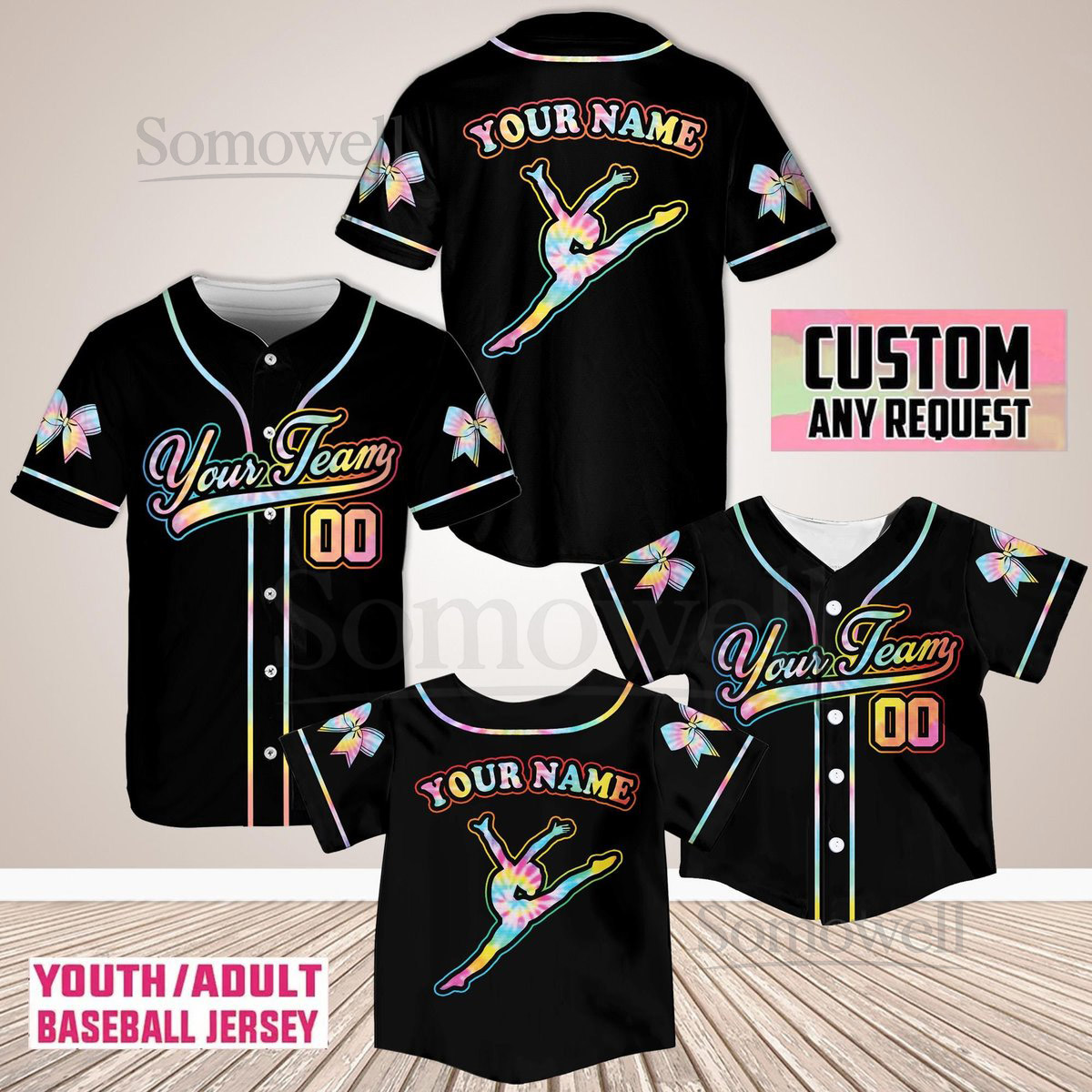 Personalized Tie Dye Dance Bow Ribbon Baseball Jersey Kid Youth Adult Custom Cheer Baseball Jersey Dance Team Jersey Team Dance Uniform_784