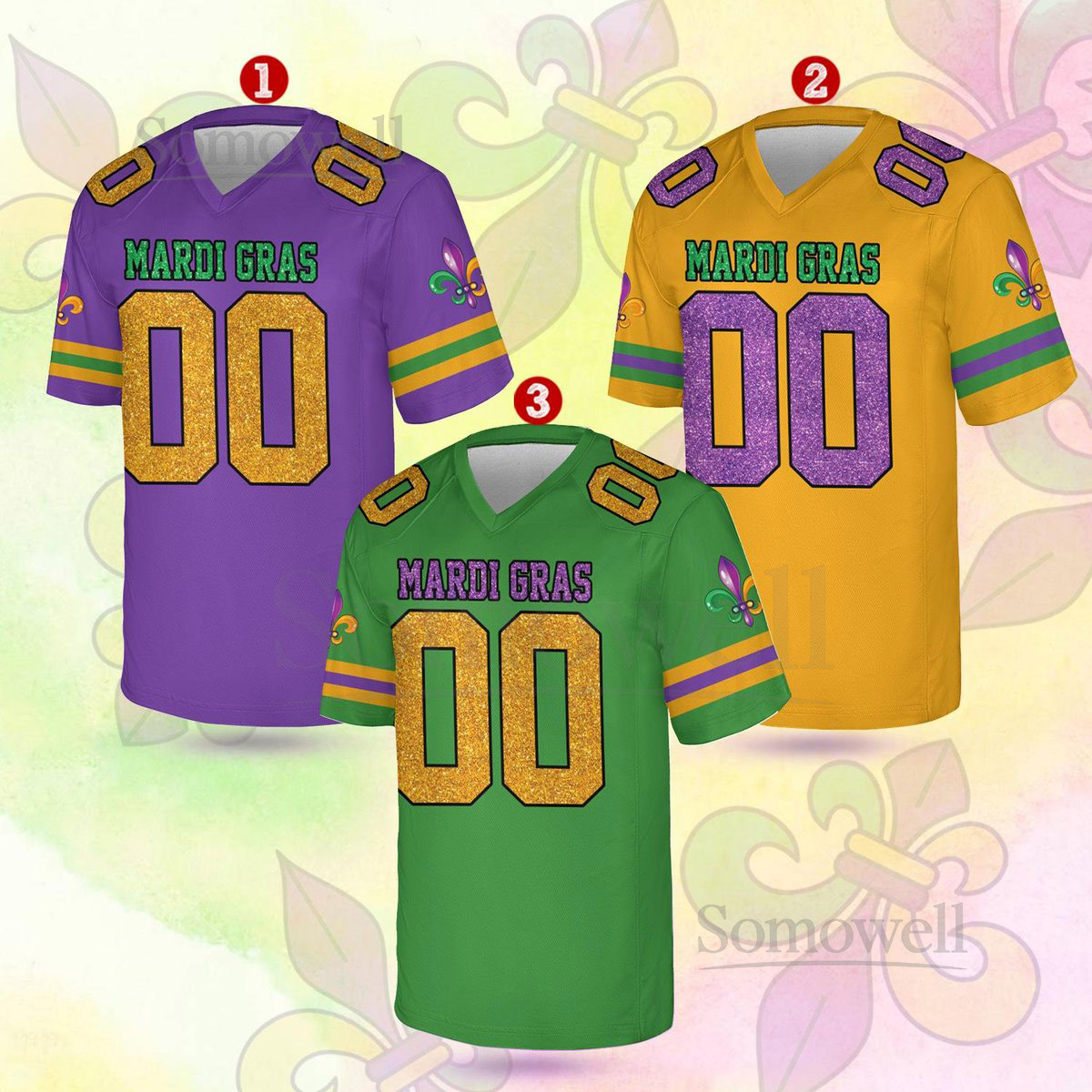 Personalized Glitter Mardi Gras Football Jersey Custom Name And Number Short Sleeve Jersey Mardi Gras Carnival Jersey Printed Glitter_130