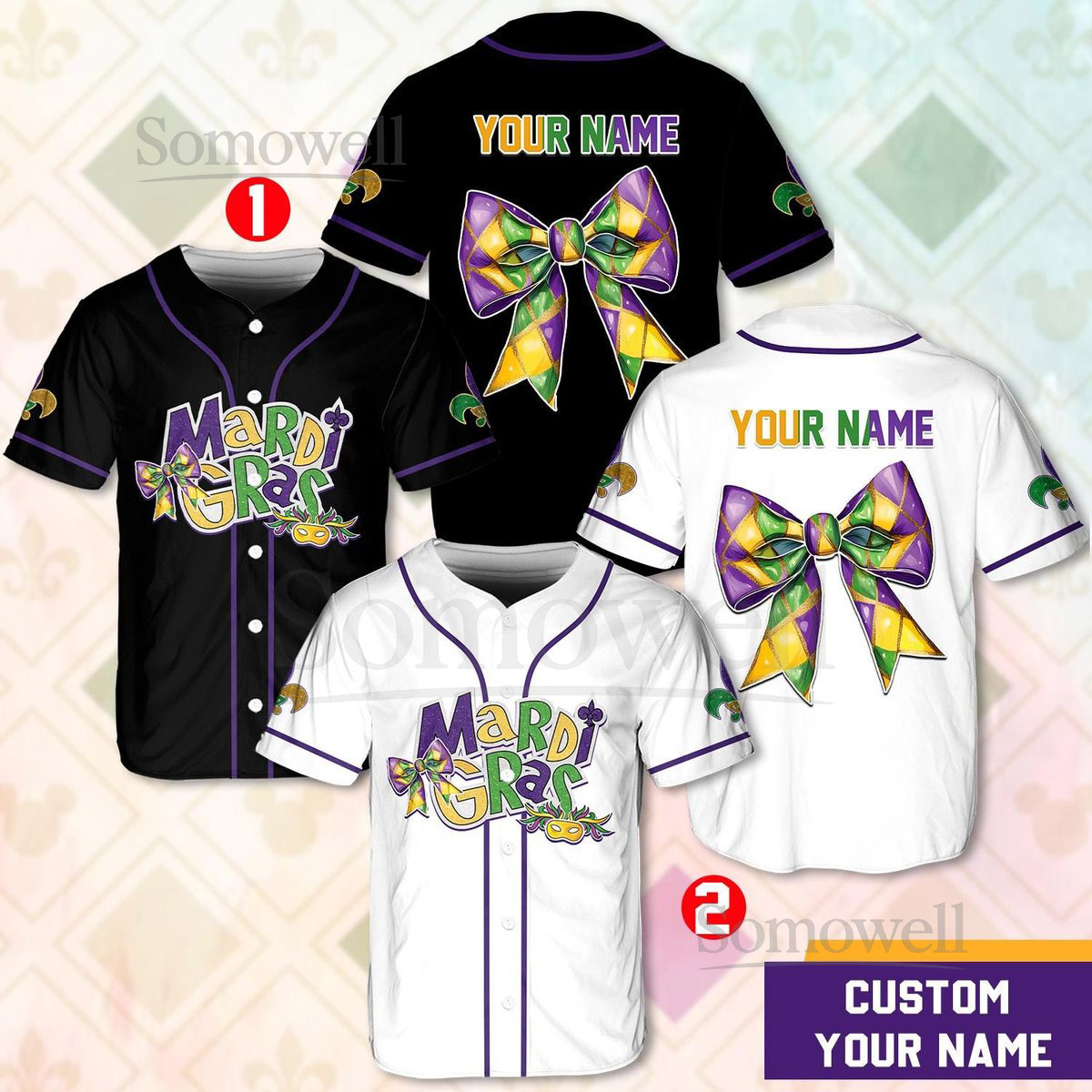 Personalized Mardi Gras Baseball Jersey Men Women Kid Youth Custom Mardi Gras With Bow Ribbon Baseball Jersey Perfect For Carnival_259