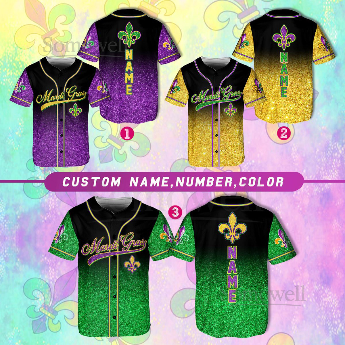Personalized Glitter Mardi Gras Baseball Jersey Custom Glitter Mardi Gras Baseball Jersey Mardi Gras Carnival Jersey Printed Glitter_122