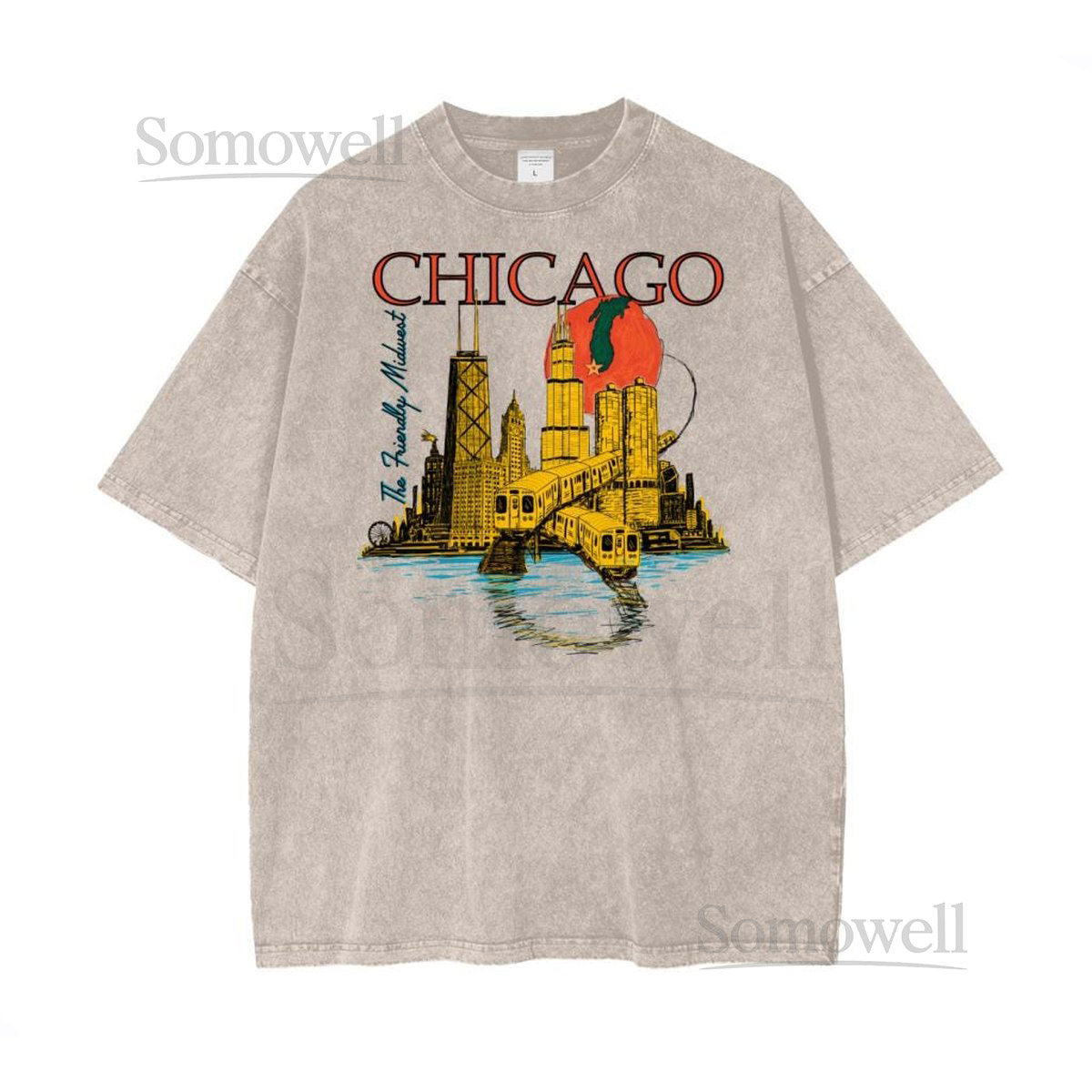 Chicago Architecture Vintage Style T-Shirt Snow Washed_162