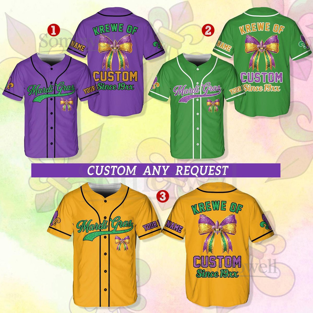 Personalized Krewe Mardi Gras Baseball Jersey Men Women Kid Youth Custom Mardi Gras With Bow Ribbon Baseball Jersey Perfect For Carnival_198