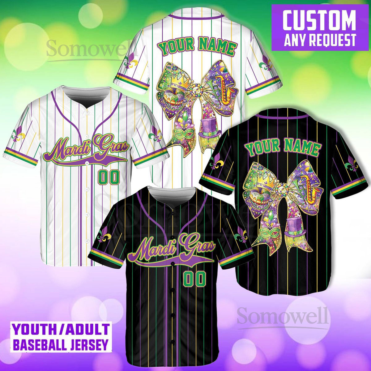 Personalized Mardi Gras Baseball Jersey Men Women Kid Youth Custom Mardi Gras With Bow Ribbon Baseball Jersey Perfect For Carnival_263