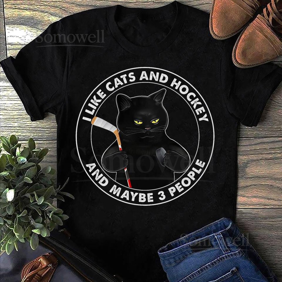 Funny Black Cat Hockey T-Shirt I Like Cats and Hockey_168