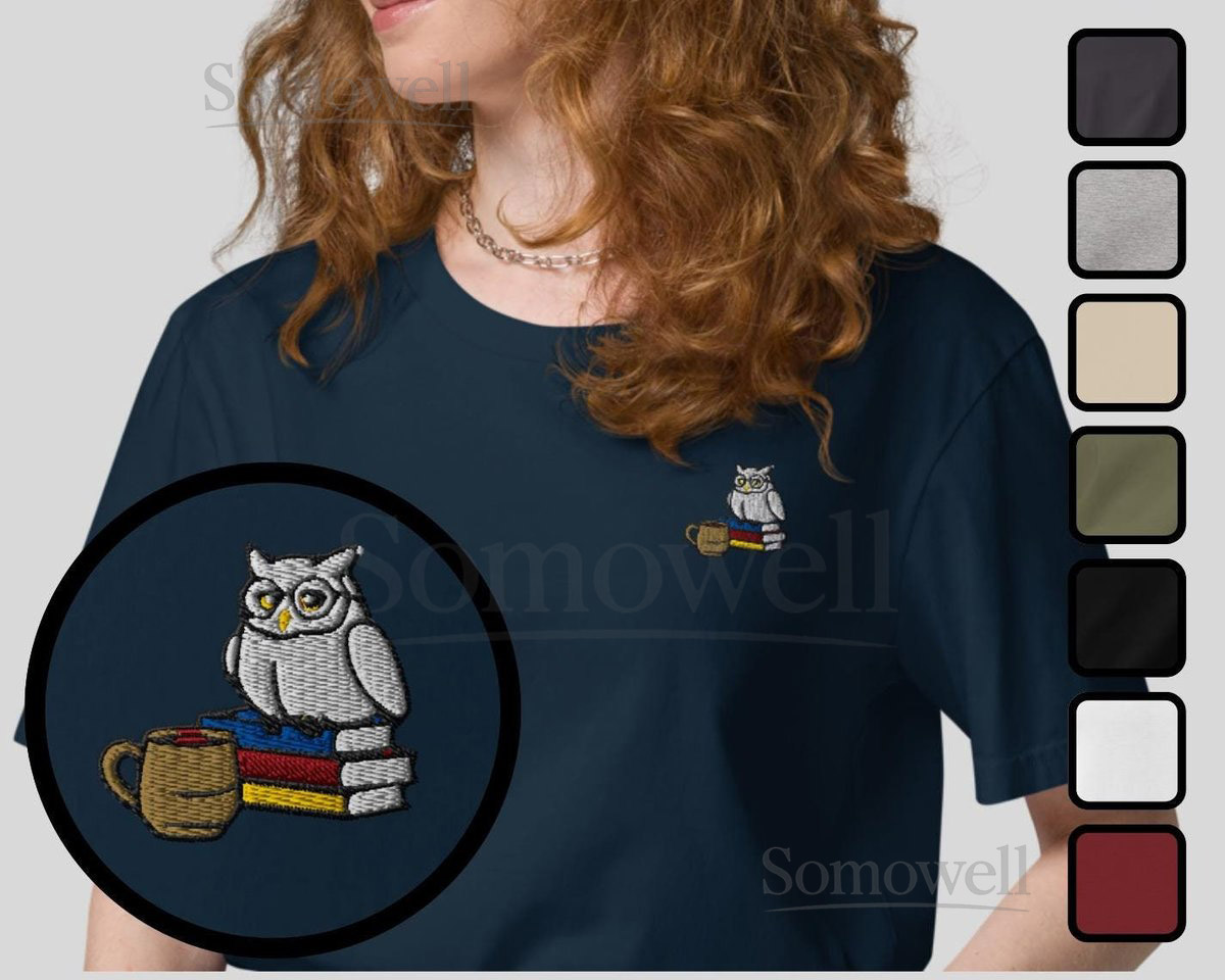 Reading Owl Organic Embroidered T-Shirt Minimal Design_159