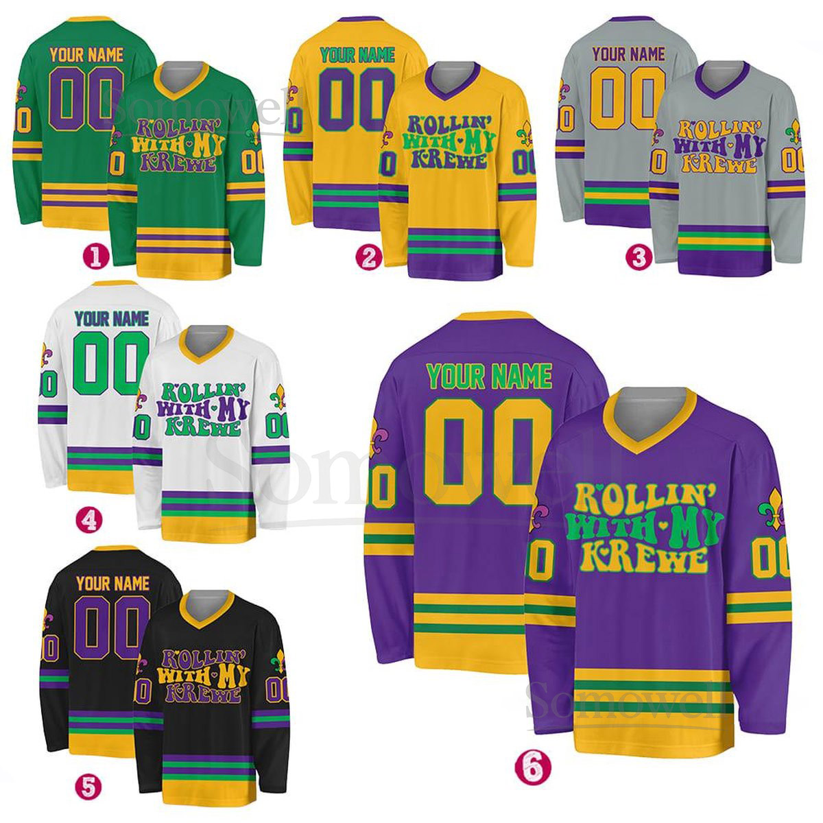 Personalized Mardi Gras Hockey Jersey Custom Name Number Rollin with My Krewe Jersey Hockey Jersey Uniform For Hockey Fans_279