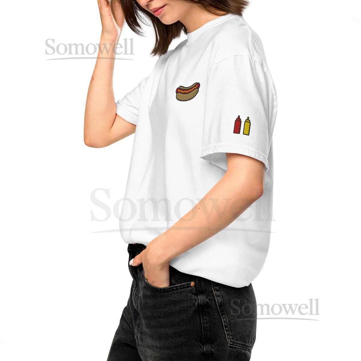 Hot Dog Embroidered T-Shirt Summer Tee_125