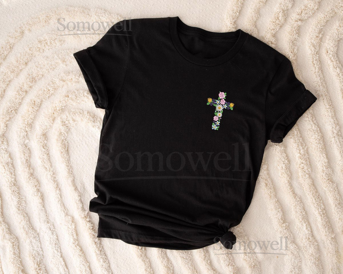 Floral Cross Embroidered T-Shirt Christian Faith Tee_113