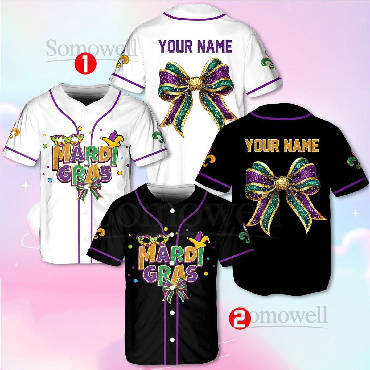Personalized Mardi Gras Baseball Jersey Men Women Kid Youth Custom Mardi Gras With Bow Ribbon Baseball Jersey Perfect For Carnival_264