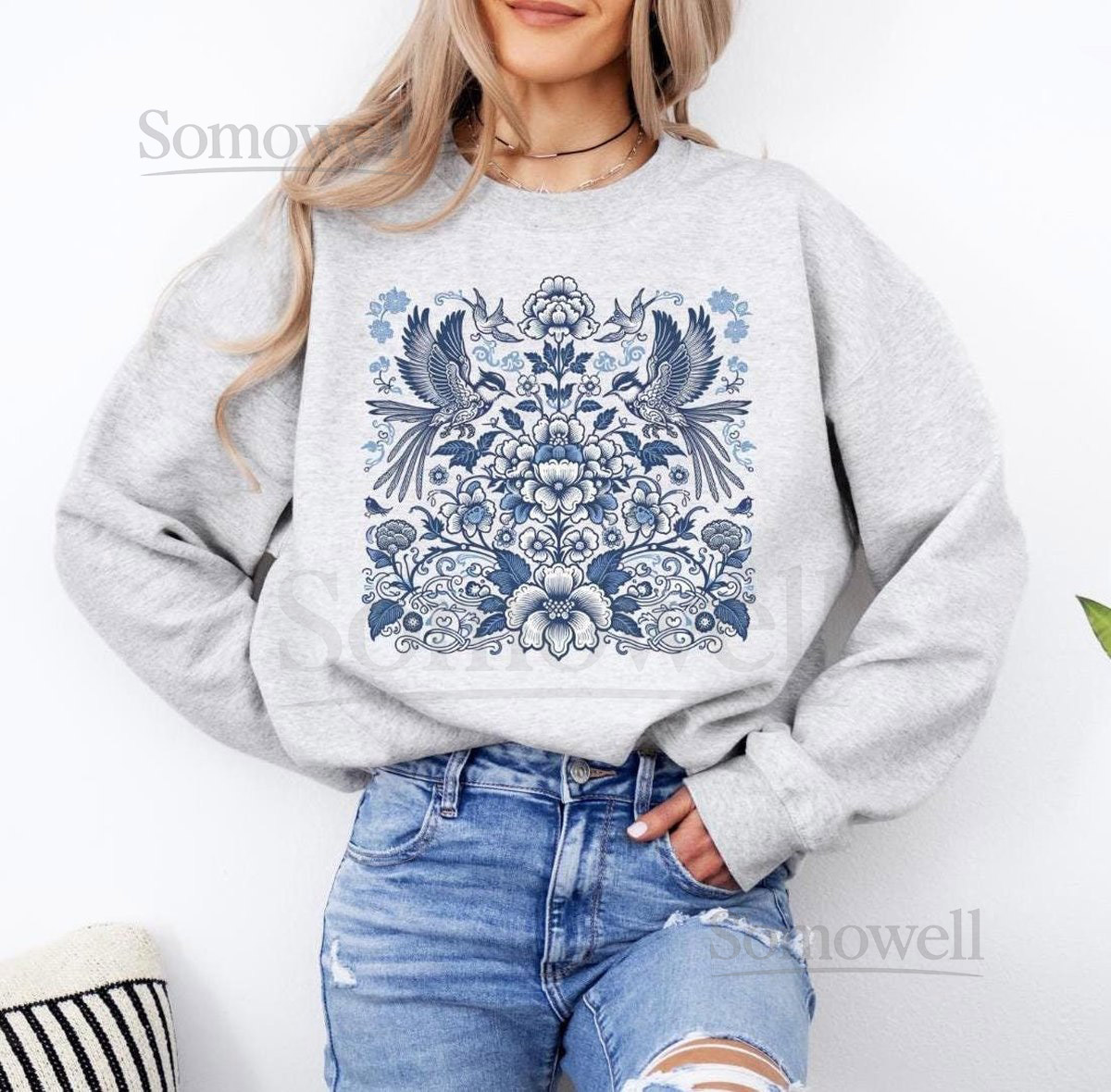 Blue Jay Folk Art Sweatshirt Chinoiserie Aesthetic Shirt Blue Bird Shirt Bird Sweatshirt Folk Art Floral Shirt Bird Lover Sweatshirt_98