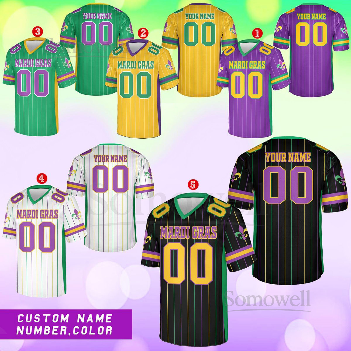 Personalized Mardi Gras Football Jersey Custom Your Name And Number V-neck Short Sleeve Jersey Mardi Gras Jersey Family Matching_268