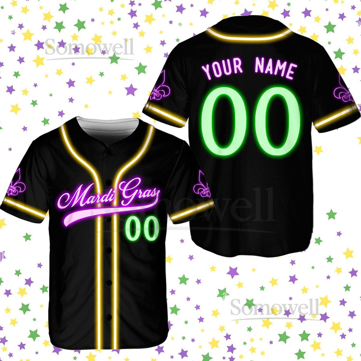 Personalized Neon Mardi Gras Baseball Jersey Custom Name Number Mardi Gras Baseball Jersey Mardi Gras Carnival Jersey Family Jersey_337