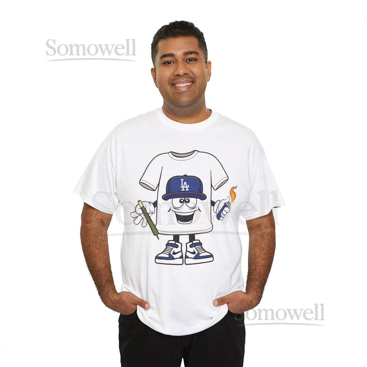 Blunt Lighter blue LA cap Cartoon Los Angeles Dodgers Weed Smoking T-Shirt Funny Baseball Tee Los Angeles Stoner Shirt_166