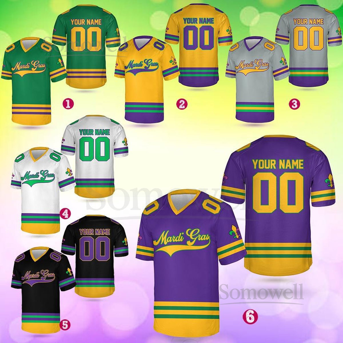 Personalized Mardi Gras Football Jersey Custom Your Name And Number V-neck Short Sleeve Jersey Mardi Gras Jersey Family Matching_269
