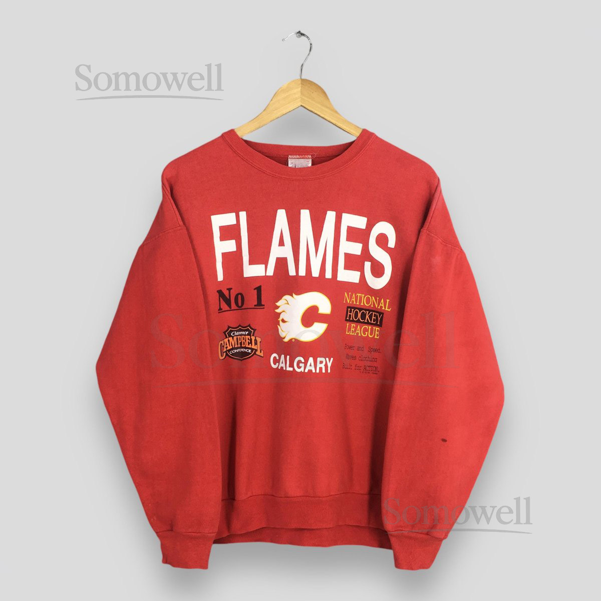 Vintage Calgary Flames NHL Red Sweatshirt Large Calgary Flames Printed Logo Crewneck Calgary Flames Clarence Campbell Conference Sweater L_108