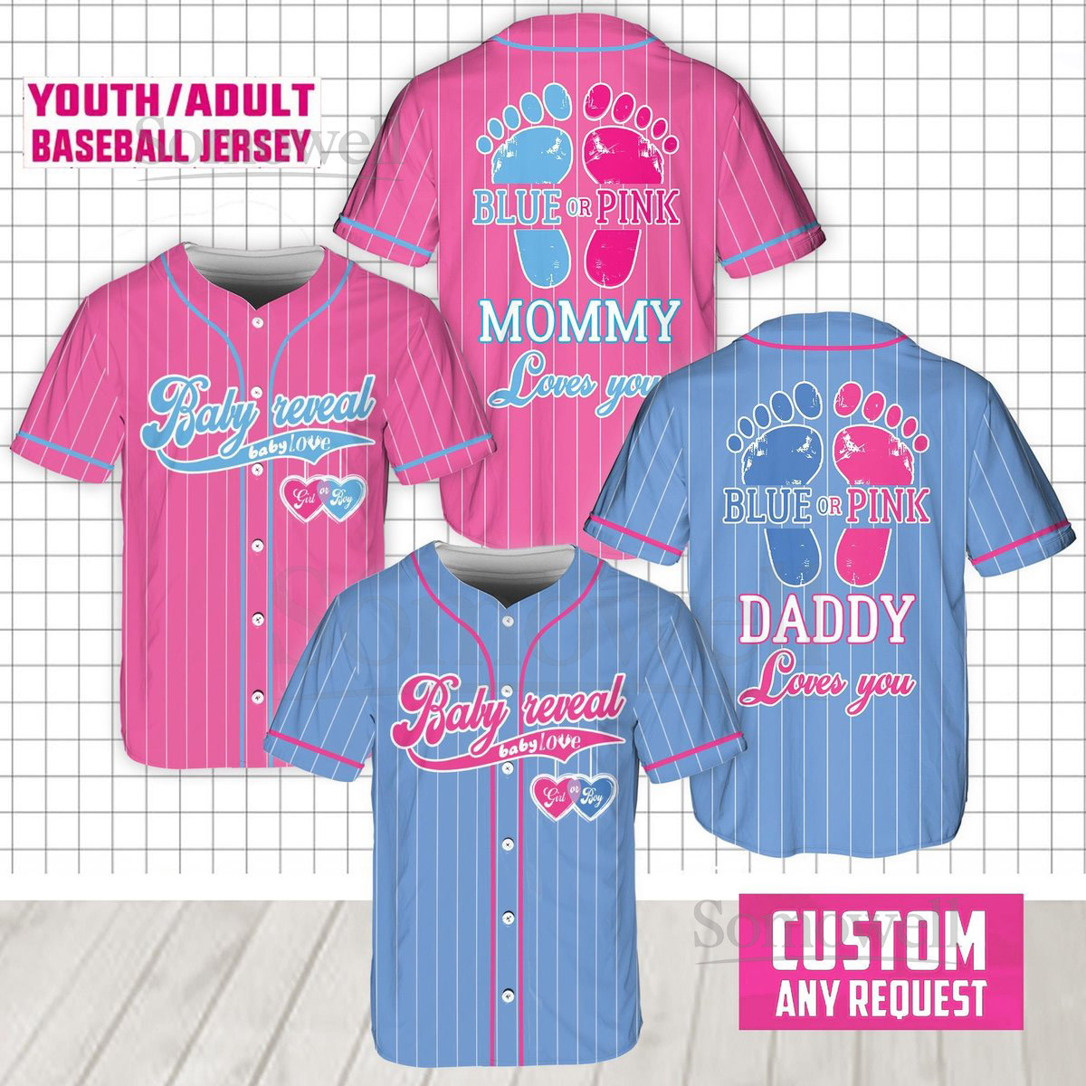 Personalized Baby Reveal Baseball Jersey Blue or Pink Baseball Jersey Gender Reveal Jersey Team Boy Team Girl Jersey Reveal Party Jersey_025