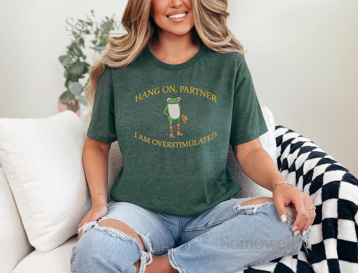 Hold On Partner Im Overstimulated Embroidered Sweatshirt Cowboy Frog Unhinged Shirt Weirdcore Gen Z Crewneck sweatshirt_107