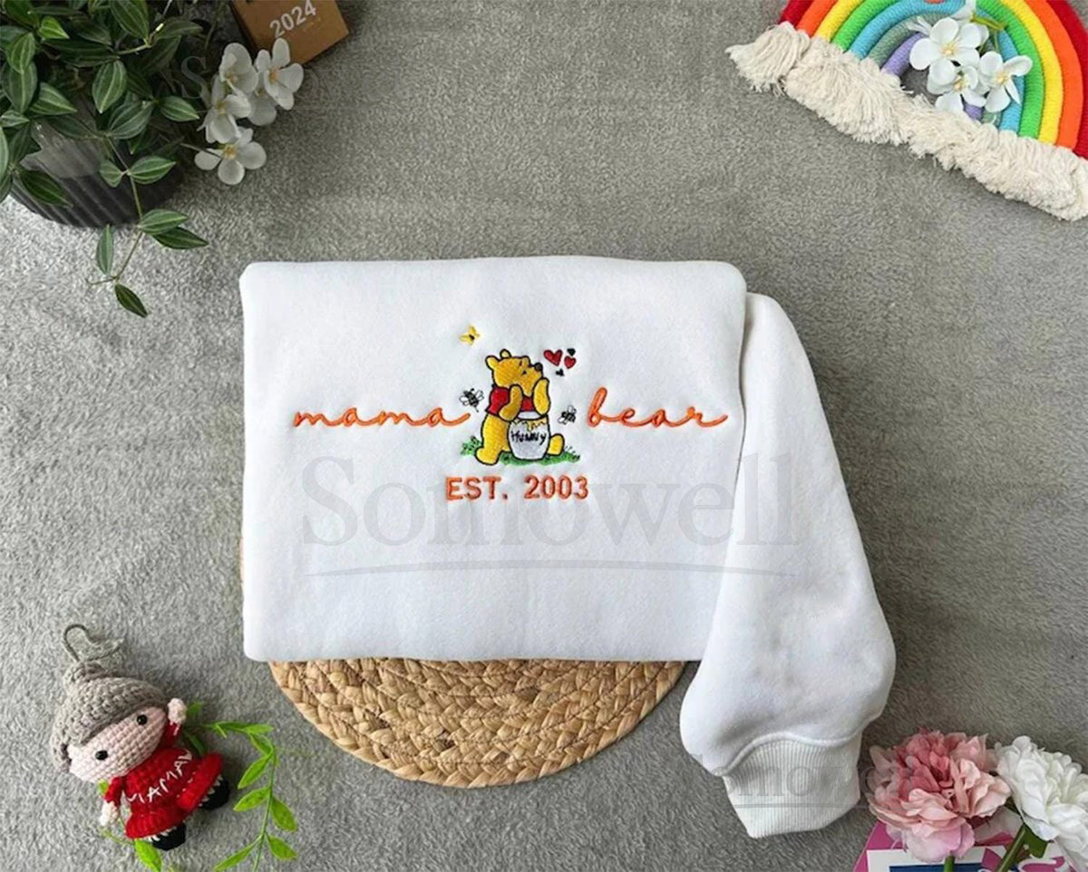 Winnie The Pooh Mama Bear Embroidered Sweatshirt Disney Matching Family Shirt Disney Cartoon Embroidery Hoodie Mothers Day Mom Gift_165