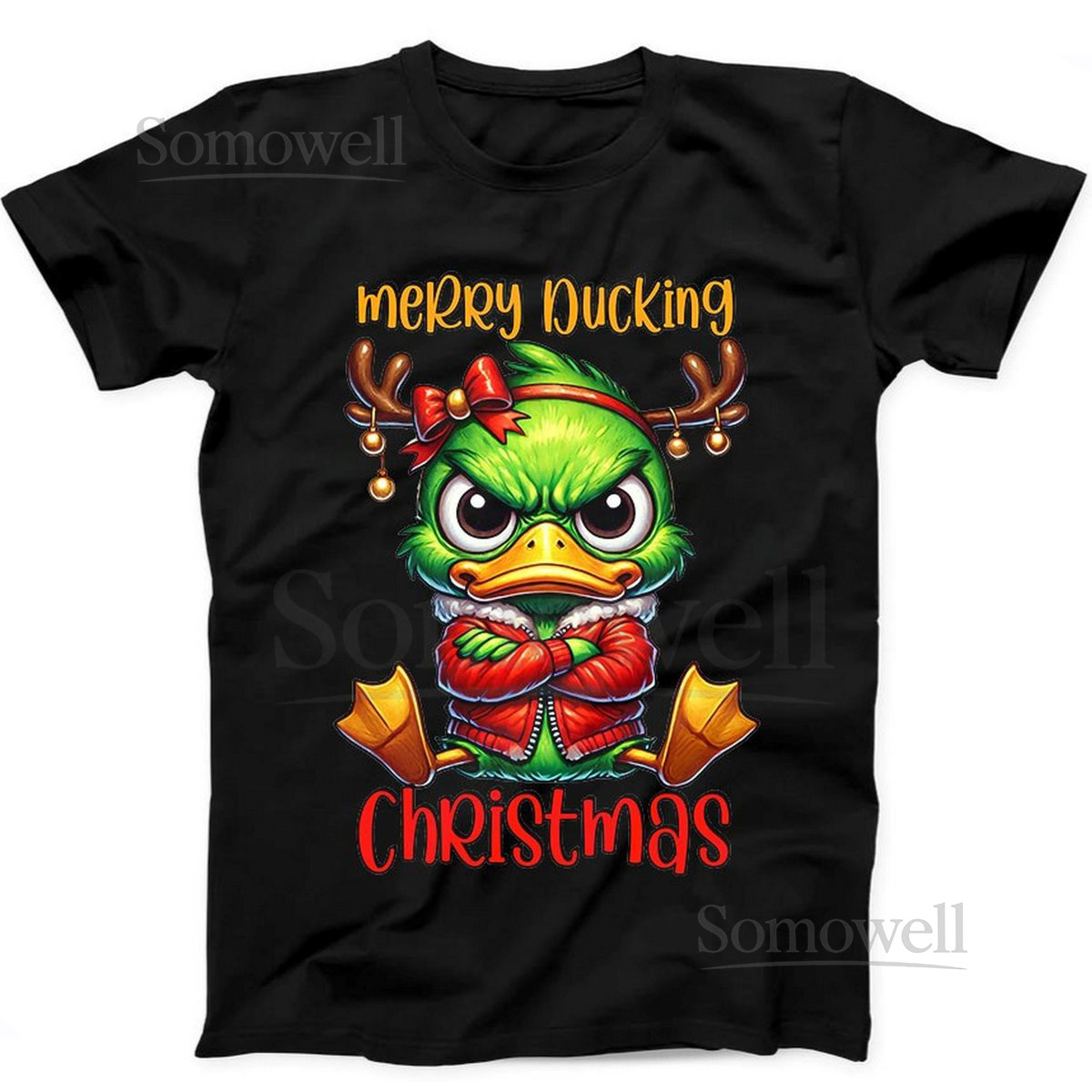 Merry Ducking Christmas Duck Saying Meme Funny Gift Black Tee T Shirt B210_290