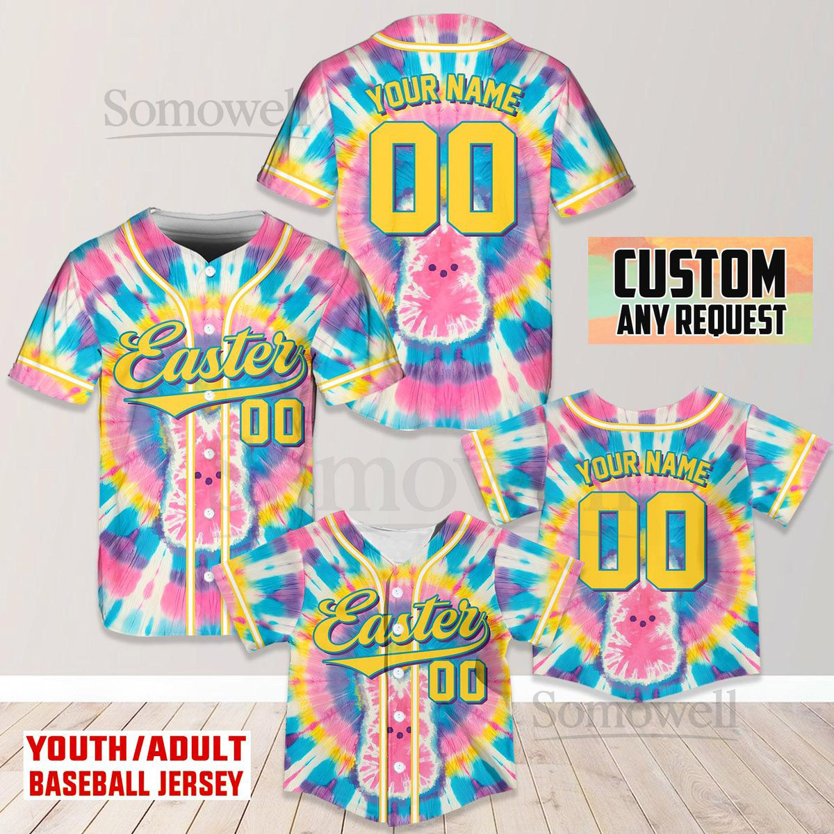 Personalized Tie-Dye Easter Baseball Jersey Custom Name Number Baseball Jersey For Kid Youth and Adult Sizes Easter Celebrations Outfits_785