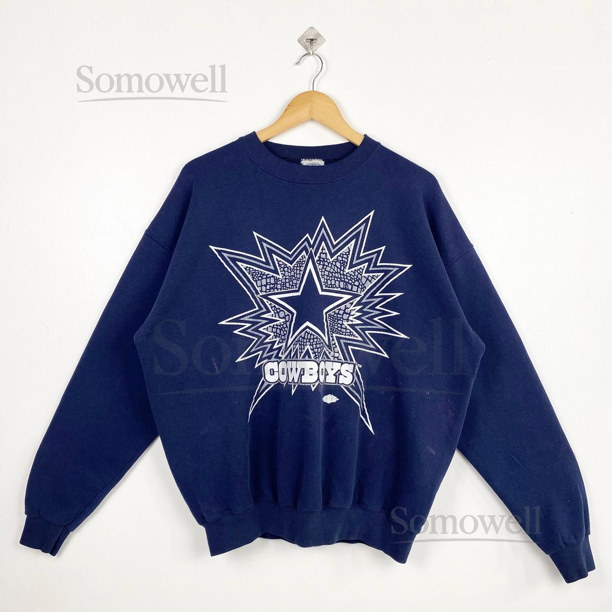 90s Distressed NFL Dallas Cowboys Crewneck Sweatshirt Print Logo Blue Color Mens XL_7