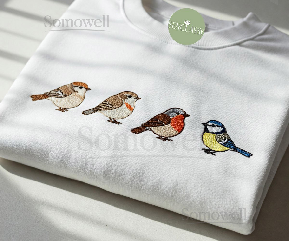 Embroidered Bird Sweatshirt Minimalist Cute Bird Shirt Nature Lover Gift Sparrow Robin Chickadee Birdwatcher Crewneck Garden Inspired_59