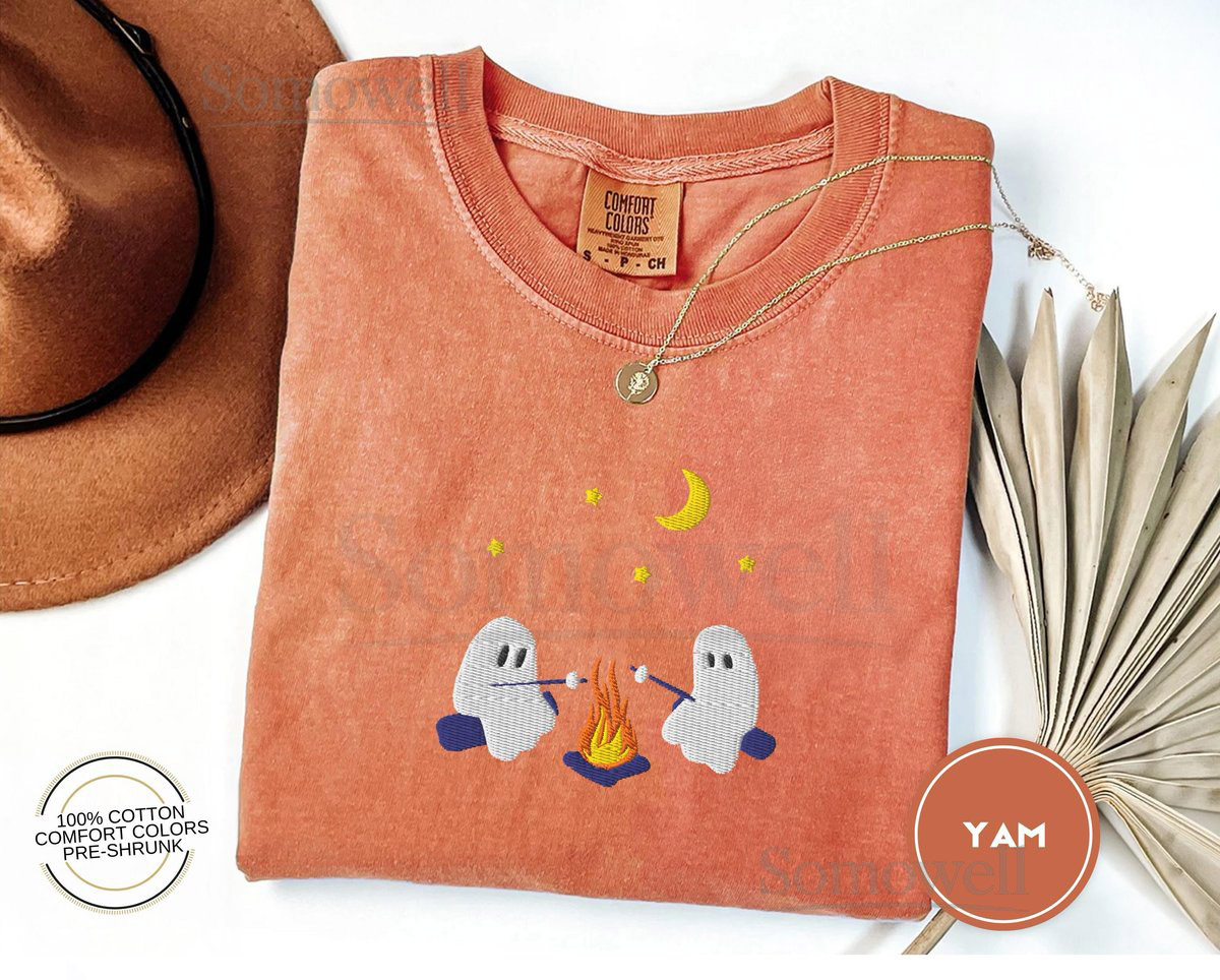 Cute Ghosts Camping Embroidered Comfort Colors Tee Spooky Season Outdoors Gifts Halloween Vintage Embroidery Tshirt_28