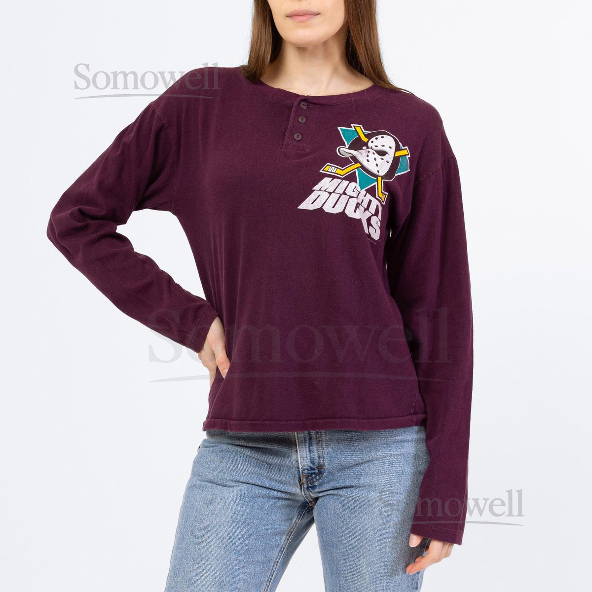 Vintage 90s Anaheim Mighty Ducks Henley Shirt - Medium Unisex NHL Hockey Graphic Long Sleeve Tee_680