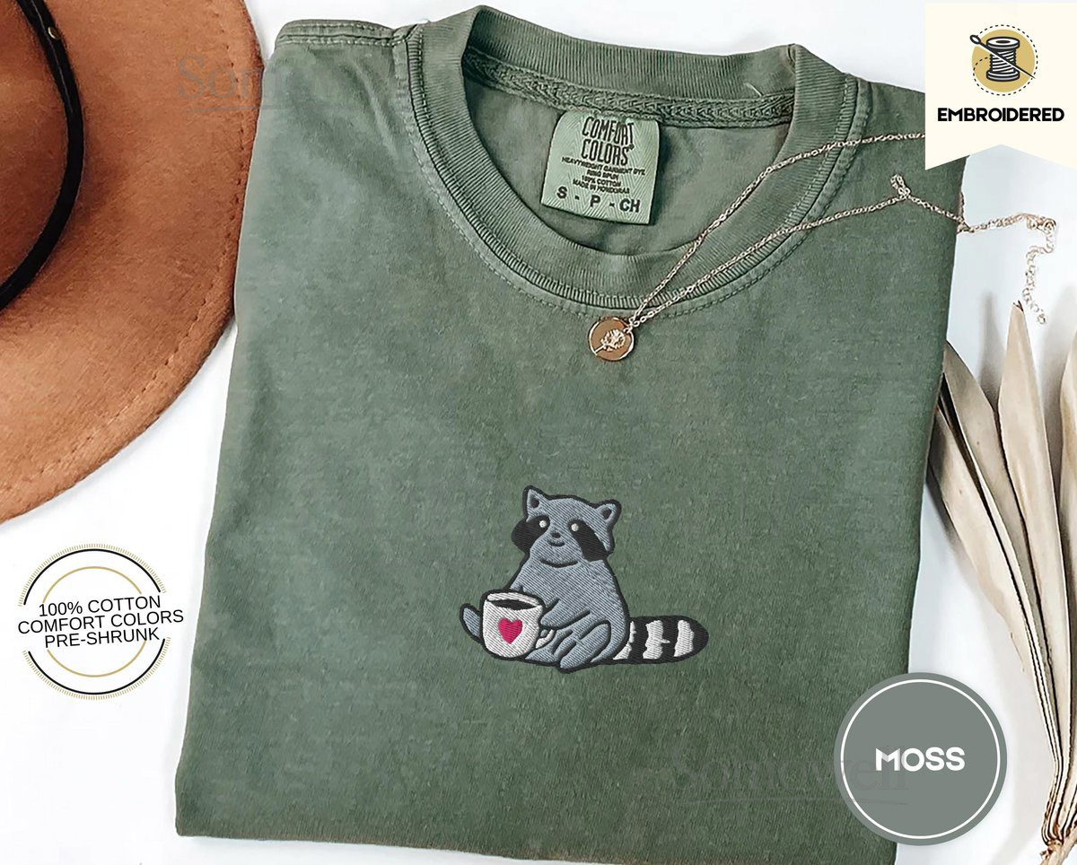 Raccoon Coffee Embroidered Shirt Comfort Colors Tee - Cute Animal Embroidery - Coffee Lover Gift - Cottagecore Forestcore Tee - Cozy T-Shirt_156