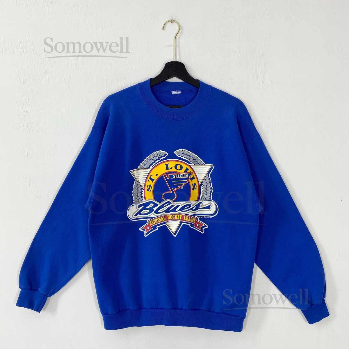 Vintage 90s St Louis Blues Sweatshirt St Louis Blues Crewneck Blues Sweater Pullover Sportswear NHL St Louis Blues Print Logo Blue Large_696