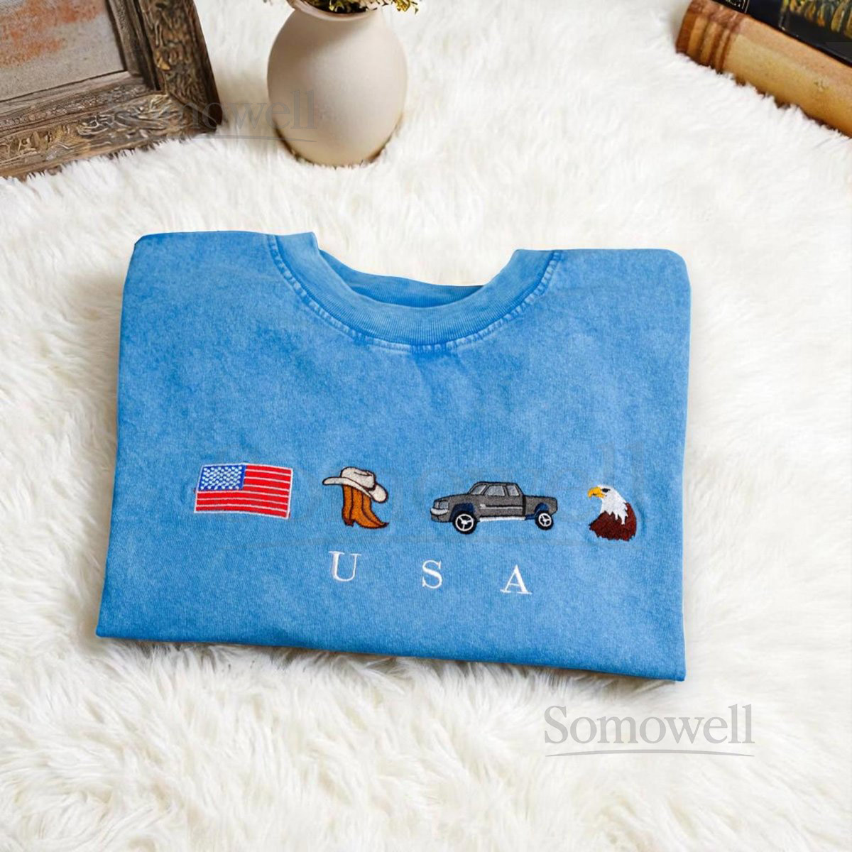 Embroidered USA T-Shirt Vintage Cowboy Western 4th of July Tee_104