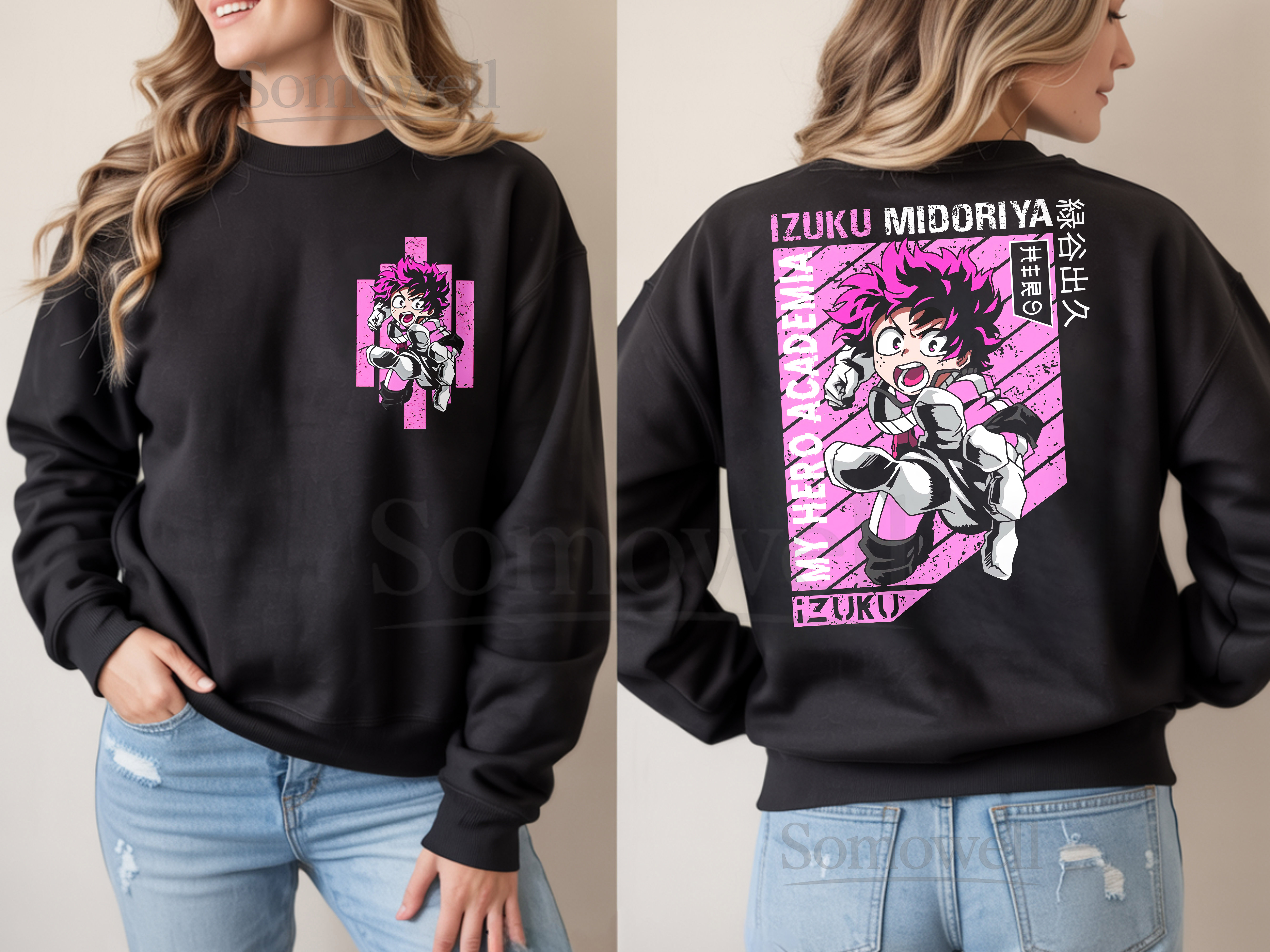 Izuku Midoriya Deku My Hero Academia Anime Black Sweatshirt Pink