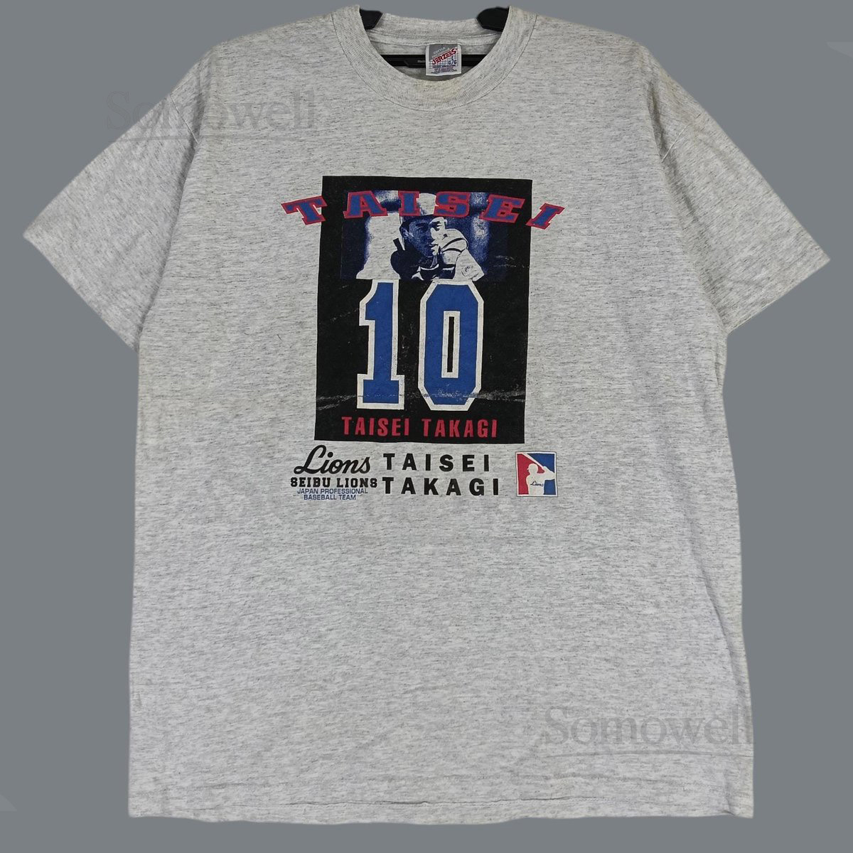 Vintage 90's Taisei Takagi Seibu Lions Japanese Baseball Team Gray Large T Shirt Baseball League Baseball Champion Shirt Size L_1012