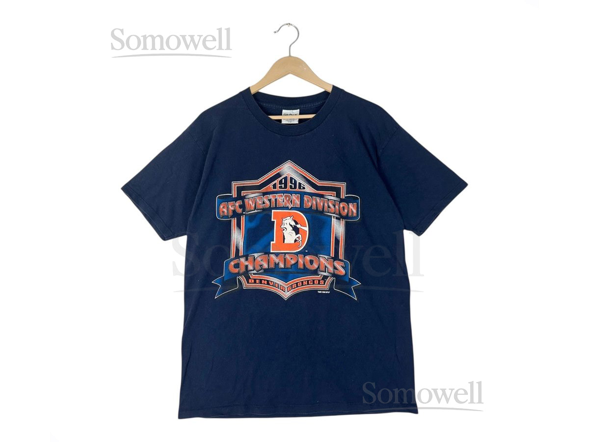 Vintage 90s Denver Broncos Champions T-Shirt Dark Blue Size L_511