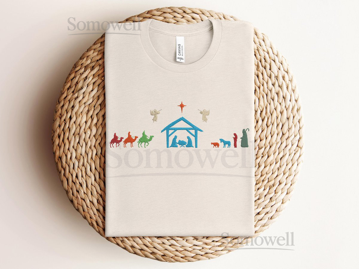 Nativity Embroidered Shirt Christmas Manger Scene Tee Holy Family Embroidery Religious Holiday Gift Festive Christian T-Shirt_147