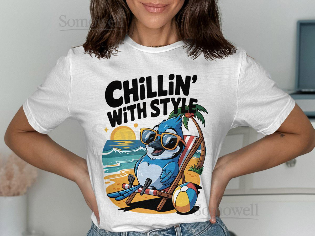 Chillin With Style Blue Jay Bird T Shirt Cartoon Beach Vacation Relax Summer Vibes Novelty Tee Trendy Graphic Design Tee_207