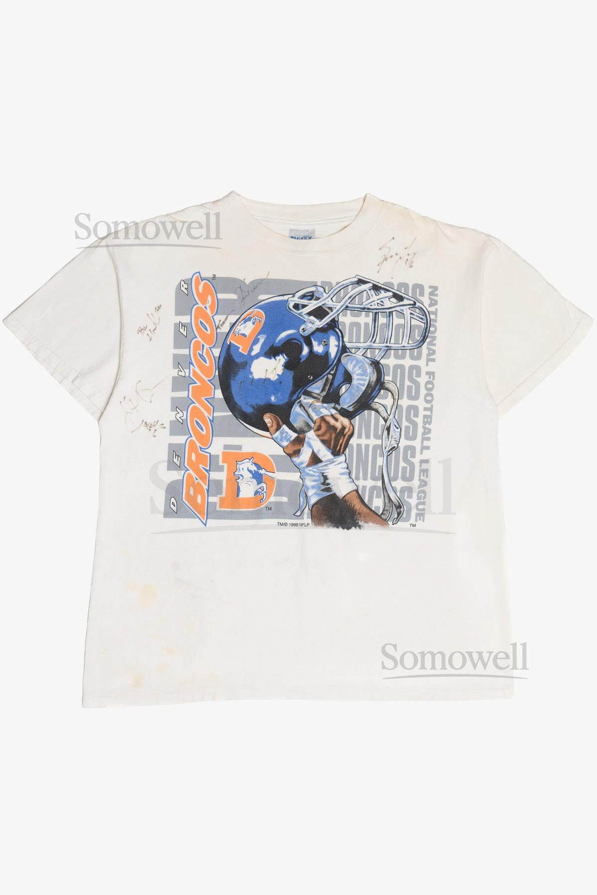 Vintage 1996 Signed Denver Broncos NFL Distressed T-Shirt 1990s_484