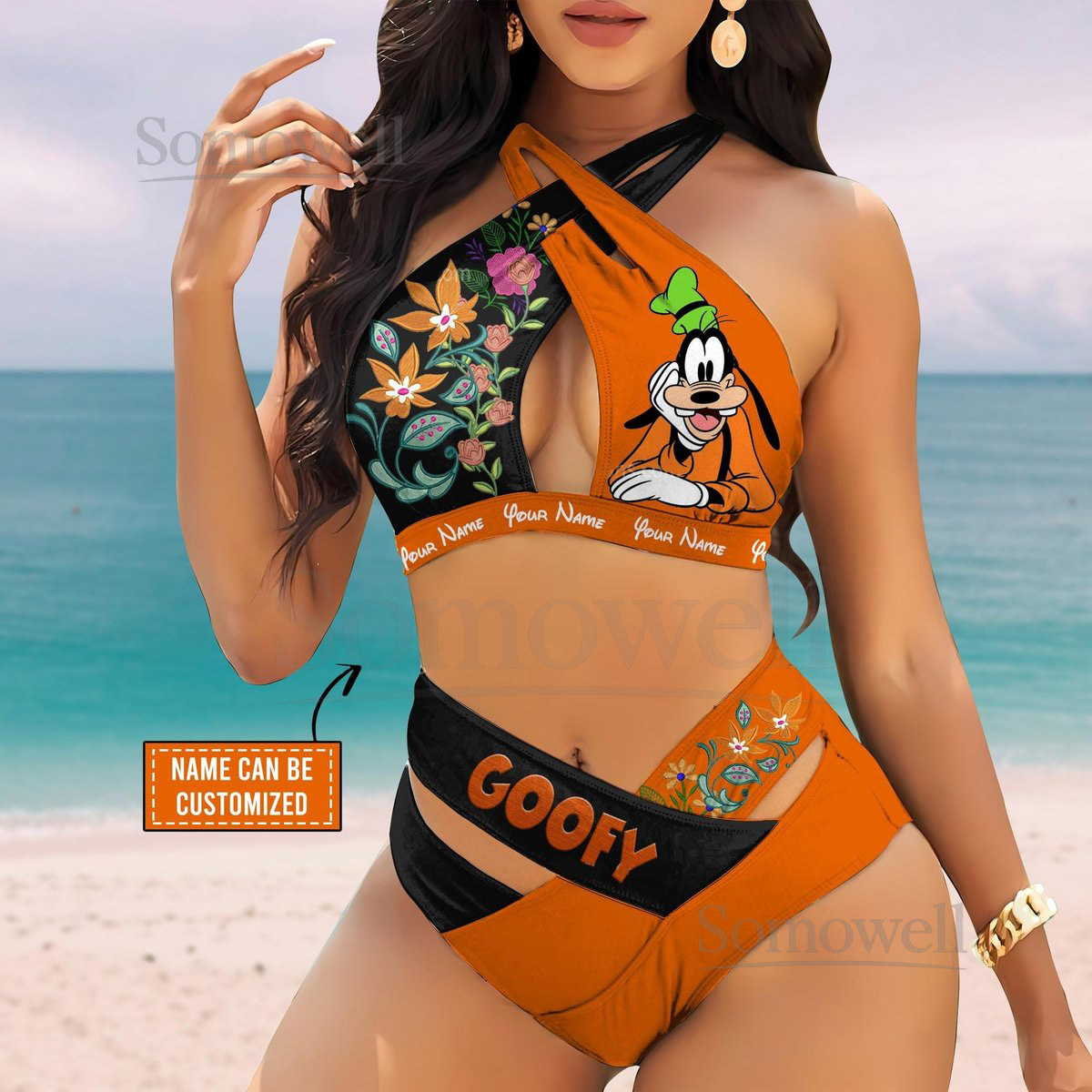 Custom Disney Goofy Flowers Crisscross Swimsuit Disneyland Swimsuit Disneyworld Bikini Top Movie Cartoon Beach Wear Two Piece Set_2