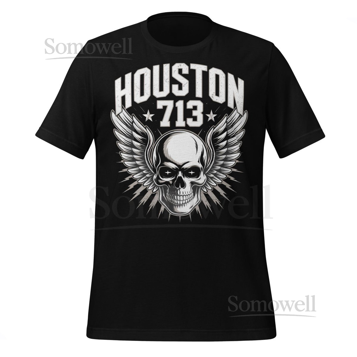 Houston 713 Skull T-Shirt with Wings Bold Urban Streetwear Texas Area Code Graphic Tee Gift for Men Women H-Town Pride Cl_209
