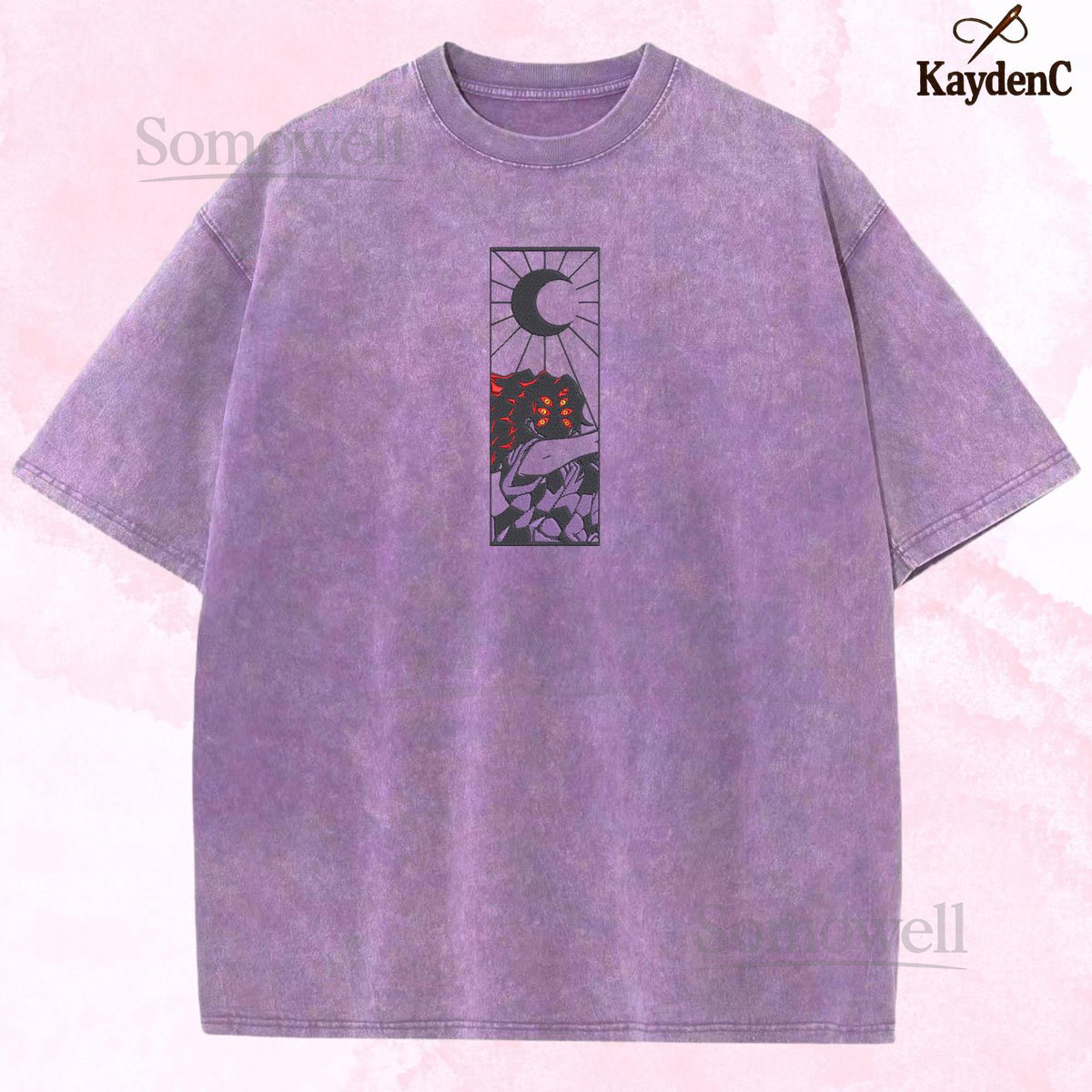 Embroidered Anime Washed Shirt Demon Killer T-Shirt Moonlit Pearl Slash Design Moon Breathing Skill Perfect Gifts for KnY Lovers_43