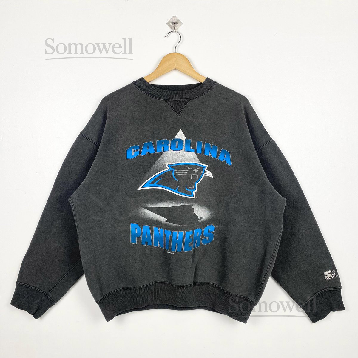 90s NFL Carolina Panthers Crewneck Sweatshirt Print Logo Faded Black Color Mens L_14