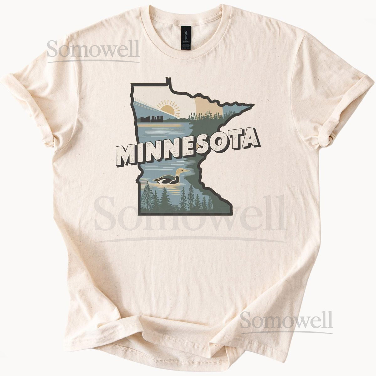 Minnesota State Outline Graphic T Shirt with Nature Scene Sunrise Lake Loon Bird Forest Trees Outdoors Minnesota Gift Shirt_639