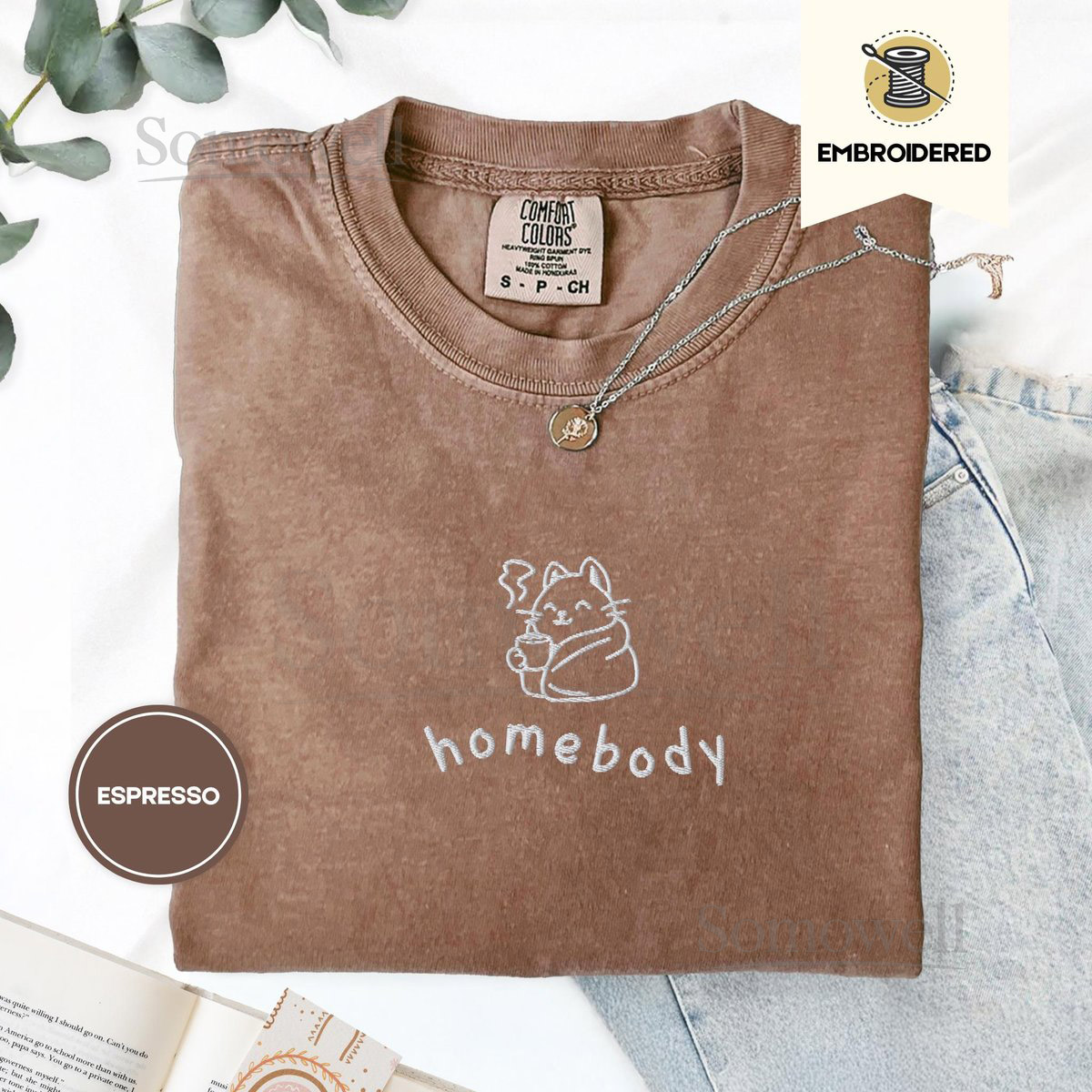 Homebody Cat Embroidered Tee Comfort Colors Cozy Shirt for Cat Lovers Introvert Gift Soft Bookish Aesthetic Cozy Reader Gifts_124