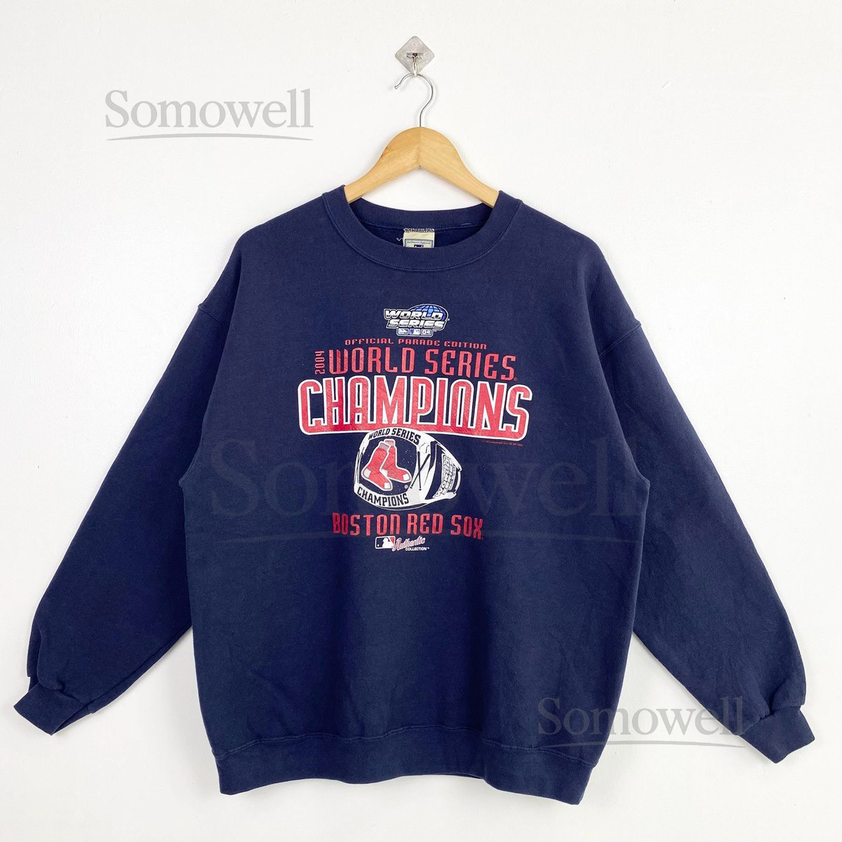 Vintage MLB Boston Red Sox Crewneck Sweatshirt Print Logo Blue Color Mens L_706